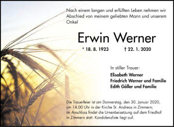 Traueranzeige von Erwin Werner von Fränkische Nachrichten