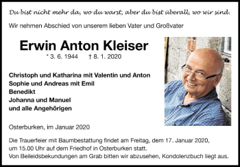 Traueranzeige von Erwin Anton Kleiser von Fränkische Nachrichten