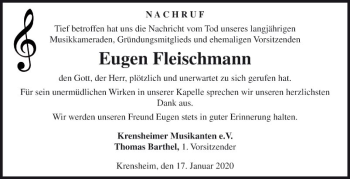 Traueranzeige von Eugen Fleischmann von Fränkische Nachrichten