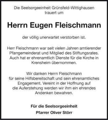 Traueranzeige von Eugen Fleischmann von Fränkische Nachrichten