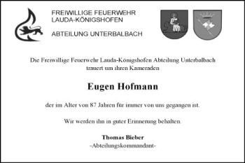 Traueranzeige von Eugen Hofmann von Fränkische Nachrichten