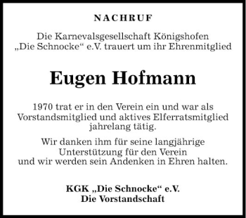 Traueranzeige von Eugen Hofmann von Fränkische Nachrichten