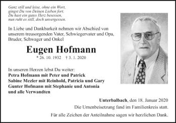 Traueranzeige von Eugen Hofmann von Fränkische Nachrichten