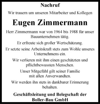 Traueranzeige von Eugen Zimmermann von Fränkische Nachrichten