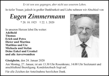 Traueranzeige von Eugen Zimmermann von Fränkische Nachrichten