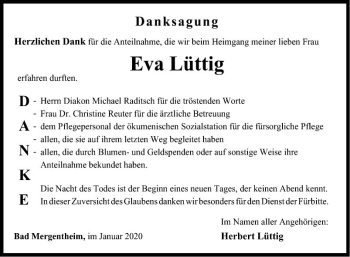 Traueranzeige von Eva Lüttig von Fränkische Nachrichten