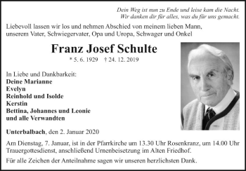 Traueranzeige von Franz Josef Schulte von Fränkische Nachrichten