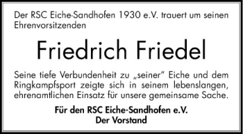 Traueranzeige von Friedrich Friedel von Mannheimer Morgen