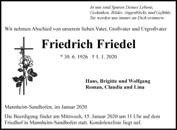 Traueranzeige von Friedrich Friedel von Mannheimer Morgen