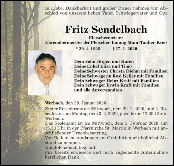 Traueranzeige von Fritz Sendelbach von Fränkische Nachrichten