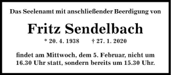 Traueranzeige von Fritz Sendelbach von Fränkische Nachrichten