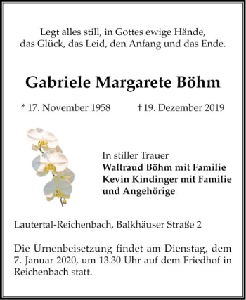 Traueranzeige von Gabriele Margarete Böhm von Bergsträßer Anzeiger