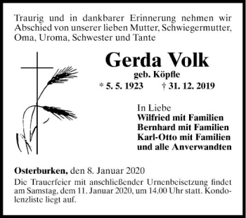 Traueranzeige von Gerda Volk von Fränkische Nachrichten