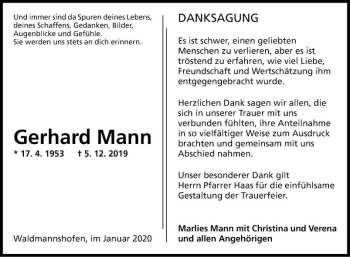 Traueranzeige von Gerhard Mann von Fränkische Nachrichten