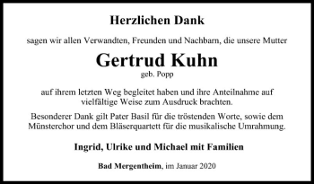 Traueranzeige von Gertrud Kuhn von Fränkische Nachrichten