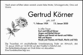 Traueranzeige von Gertrud Körner von Schwetzinger Zeitung