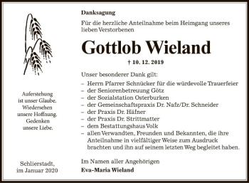 Traueranzeige von Gottlob Wieland von Fränkische Nachrichten