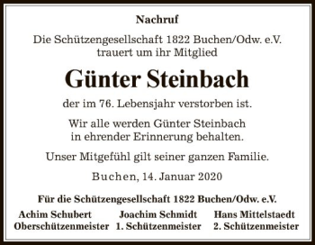 Traueranzeige von Günter Steinbach von Fränkische Nachrichten