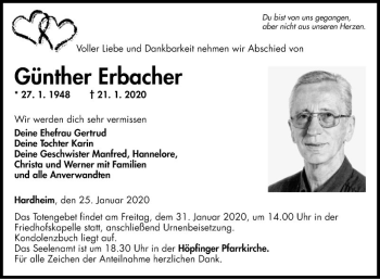 Traueranzeige von Günther Erbacher von Fränkische Nachrichten