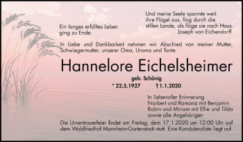 Traueranzeige von Hannlore Eichelsheimer von Mannheimer Morgen