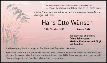 Traueranzeige von Hans-Otto Wünsch von Bergsträßer Anzeiger