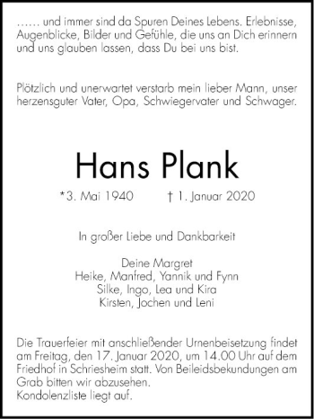 Traueranzeige von Hans Plank von Mannheimer Morgen