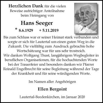 Traueranzeige von Hans Seeger von Bergsträßer Anzeiger