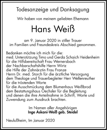 Traueranzeige von Hans Weiß von Schwetzinger Zeitung