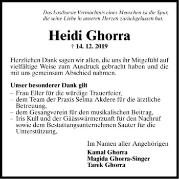 Traueranzeige von Heidi Ghorra von Fränkische Nachrichten