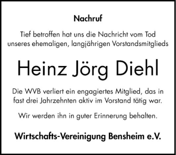 Traueranzeige von Heinz Jörg Diehl von Bergsträßer Anzeiger