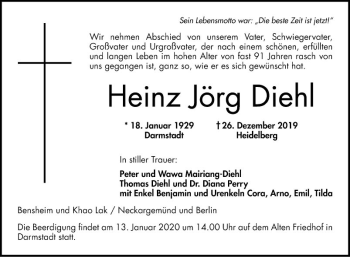 Traueranzeige von Heinz Jörg Diehl von Bergsträßer Anzeiger