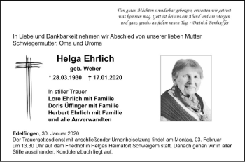 Traueranzeige von Helga Ehrlich von Fränkische Nachrichten