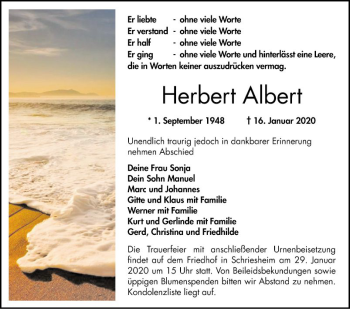 Traueranzeige von Herbert Albert von Bergsträßer Anzeiger