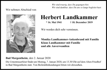 Traueranzeige von Herbert Landkammer von Fränkische Nachrichten