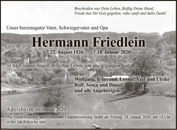 Traueranzeige von Hermann Friedlein von Fränkische Nachrichten