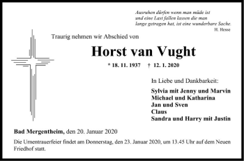 Traueranzeige von Horst van Vught von Fränkische Nachrichten