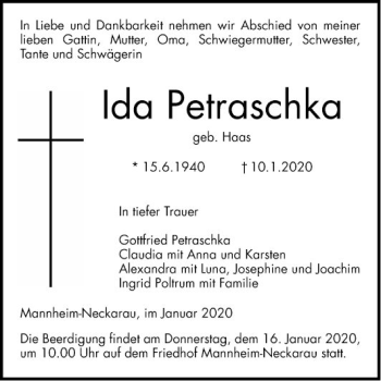 Traueranzeige von Ida Petraschka von Mannheimer Morgen