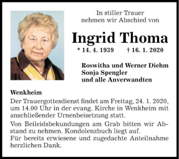 Traueranzeige von Ingrid Thoma von Fränkische Nachrichten