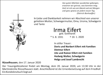 Traueranzeige von Irma Eifert von Fränkische Nachrichten