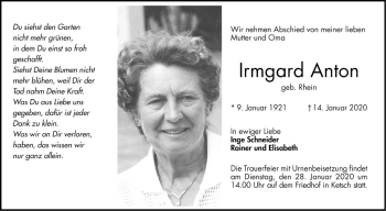 Traueranzeige von Irmgard Anton von Schwetzinger Zeitung