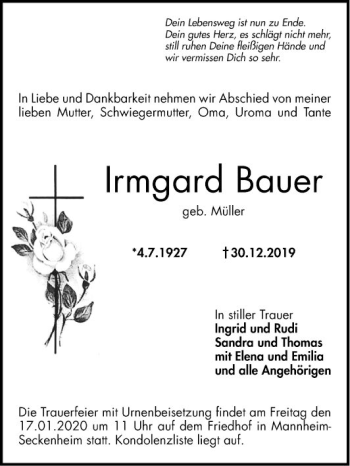 Traueranzeige von Irmgard Bauer von Mannheimer Morgen