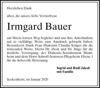 Traueranzeige von Irmgard Bauer von Mannheimer Morgen