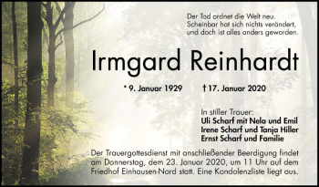 Traueranzeige von Irmgard Reinhardt von Bergsträßer Anzeiger