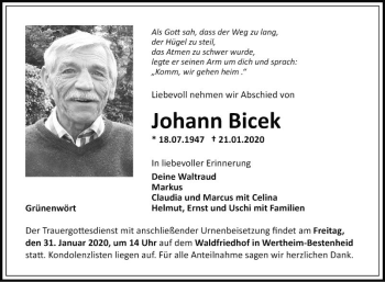 Traueranzeige von Johann Bicek von Fränkische Nachrichten