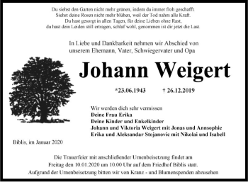 Traueranzeige von Johann Weigert von Südhessen Morgen