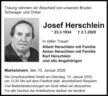 Traueranzeige von Josef Herschlein von Fränkische Nachrichten