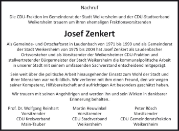 Traueranzeige von Josef Zenkert von Fränkische Nachrichten