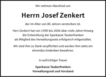 Traueranzeige von Josef Zenkert von Fränkische Nachrichten