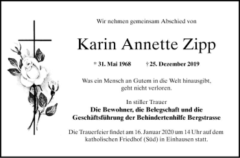 Traueranzeige von Karin Annette Zipp von Bergsträßer Anzeiger