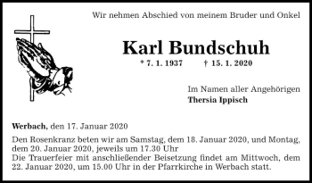 Traueranzeige von Karl Bundschuh von Fränkische Nachrichten